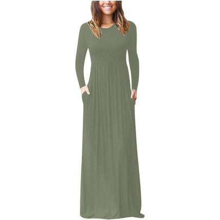 2023 autumn and winter New Amazon cross-border supply round neck long sleeve solid color casual pocket dress mop dress