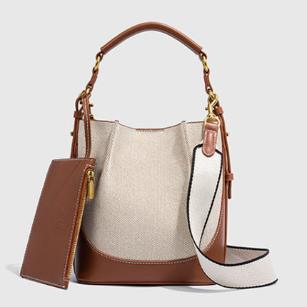 Za Canvas Bucket Bag with Unique Design, Fashionable Women's Bag with Contrasting Colors, Drawstring Closure, Wide Shoulder Strap, Handbag and Shoulder Bag for Export