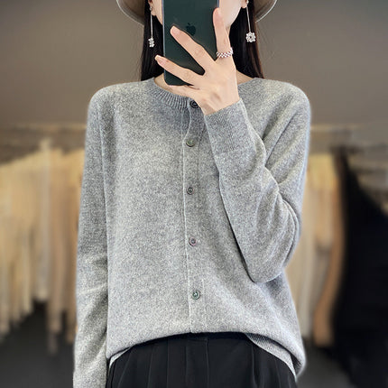 2024 Seamless One Round Neck 100 Wool Cardigan Women's Osmanthus Needle Long Sleeve Jacket Top Base Shirt