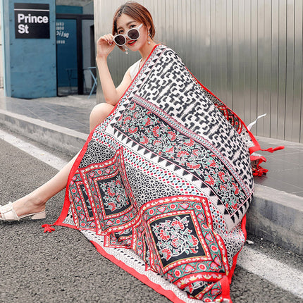 Ethnic Style Printed Silk Scarf Women's Seaside Travel Sun Protection Gauze Air Conditioning Warm Scarf Versatile Long Shawl