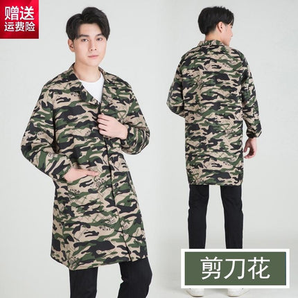 New Blue Coat Long Work Clothes for Men and Women Chefs Camouflage Jacket Dust-proof Warehouse Transportation Clothes Labor Protection Clothes Set Tooling