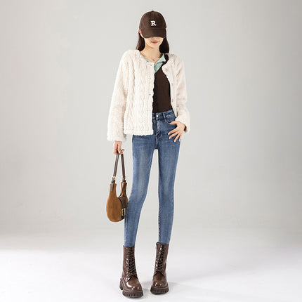 fleece-lined Jeans Women's Autumn and Winter Vintage New High Waist Slim-Fit Slimming Elastic Pencil Tight Thickened Pencil Pants