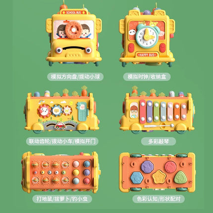 Infant early education puzzle multi-functional mole-beating and radish-pulling game six-sided bus knocking piano for 1-3 years old baby