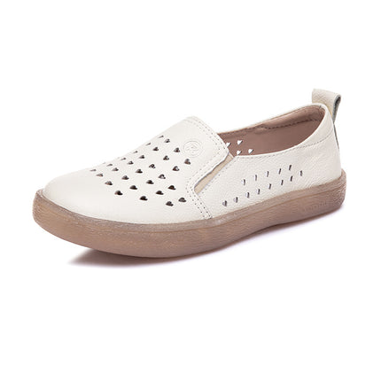 Genuine Leather Loafers for Women 2026 Spring/Summer Hollow Breathable White Shoes Women's Top-Layer Cowhide Shallow Mouth Single Shoes Mom Shoes