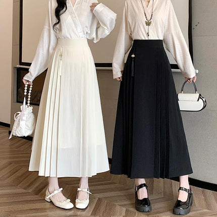 Real Shot of 2026 New Chinese-Style Fan-Shaped Tassel Hanging Decoration Mid-Length High-Waisted Slimming A-Line Pleated Mamian Skirt
