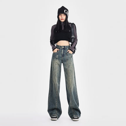 Vintage Blue Wide-Leg Jeans for Women, Spring 2026 New High-Waisted Loose Slimming Floor-Length Straight Pants