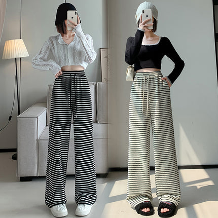 Real Shot Black and White Striped Towel Velvet Wide-Leg Pants for Women 2024 Autum New Loose Drawstring Sports Pants Casual Pants