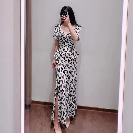 D@F Summer Floral Short-Sleeve Silhouette Fashion Slim-Fit Slit Tea Break Dress Long Skirt Artistic Retro Waist-Cinching Style