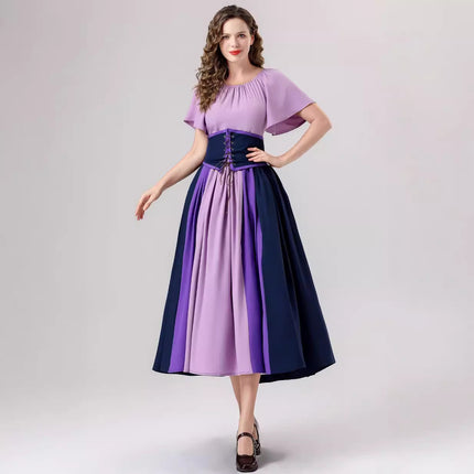 European and American New Arrivals: Medieval Retro Color-Blocking Dress with Flutter Sleeves, Tie-Waist, and Large Hem, Suitable for Masquerade Ball Performance