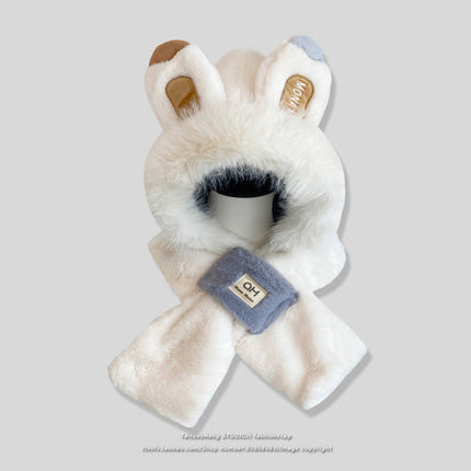 Rabbit Ears Hat Scarf All-In-One Hat for Women Winter Cute Plush Furry Animal Plus Scarf Two-Piece Hat