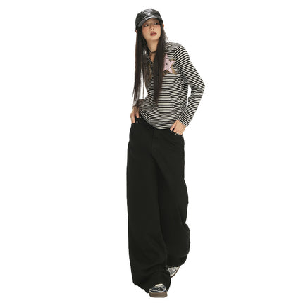 High Street Fashion Rivet Design Wide-Leg Jeans for Women Early Autumn New Versatile Trendy High-Waisted Loose Straight Pants