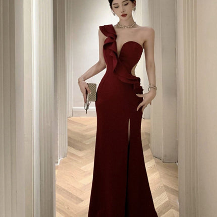 High-end Sexy Ruffle Evening Dress 2025 Elegant One-shoulder Banquet Host Car Model Split Dress