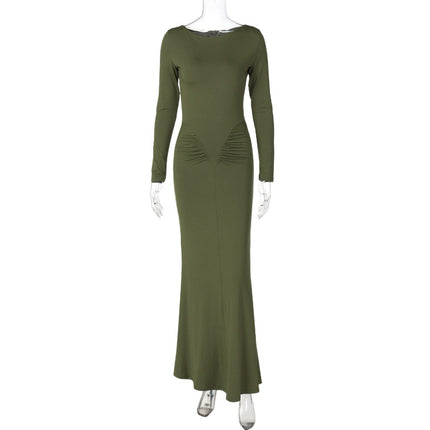 Independent Station Cross-Border Hot Sale Autumn Women's Solid Color Long-Sleeved Round Neck Pleated Simple Sexy Dinner Hip-Hugging Dress
