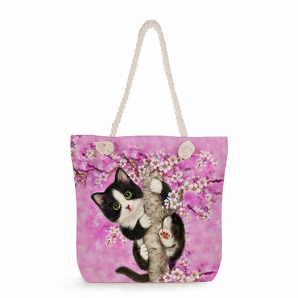 Cross-border Cute Cat Printed Shoulder Bag Simple Portable Storage Beach Bag Fashionable All-match Handbag