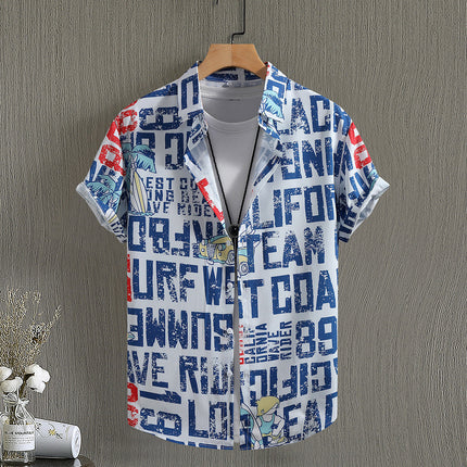 Men's Short-sleeved Shirt Letter Coconut Tree Print Foreign Trade Men's Casual Fashion Summer 2025 New Cross-border Beach Style