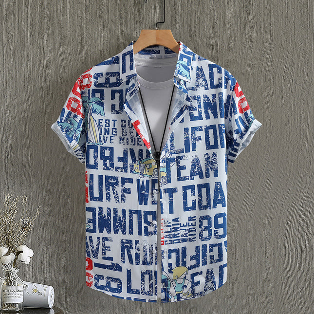 Men's Short-sleeved Shirt Letter Coconut Tree Print Foreign Trade Men's Casual Fashion Summer 2025 New Cross-border Beach Style