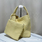 Yellow + woven bag + leather shoulder strap