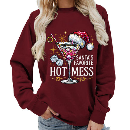 Amazon source hot mess wine glass printed round neck jacket sweater European size European and American women's coat long sleeve Asia
