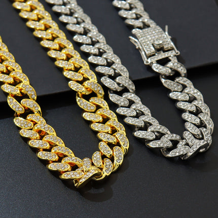 European and American Hip-Hop Diamond-Encrusted Cuban Chain Necklaces, Street Dance and Rap Wholesale Full Diamond Cuban Chain with Small Dragon Whiskers, Cross-Border