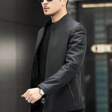 Haining Leather Jacket Spring and Autumn New Thin Genuine Leather Jacket for Middle-aged Men's Mat-gloss Style Collar Casual Leather Jacket