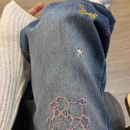 Autumn American Cartoon Embroidered Straight Jeans for Women, Retro Design, High-Waisted, Slimming, Floor-Length Wide-Leg Pants, Trendy