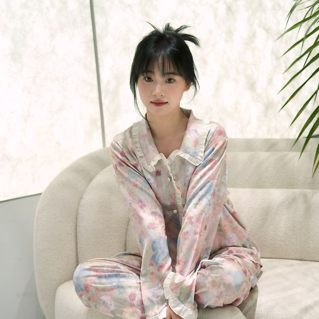 New spring ice silk pajamas women's sweet [Secret Garden] long-sleeved trousers suit homewear can be worn outside