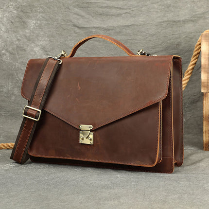 Masiwei Crazy Horse Leather 16-Inch Briefcase Business Retro Flap Laptop Bag Genuine Leather Handheld Document Bag Trendy