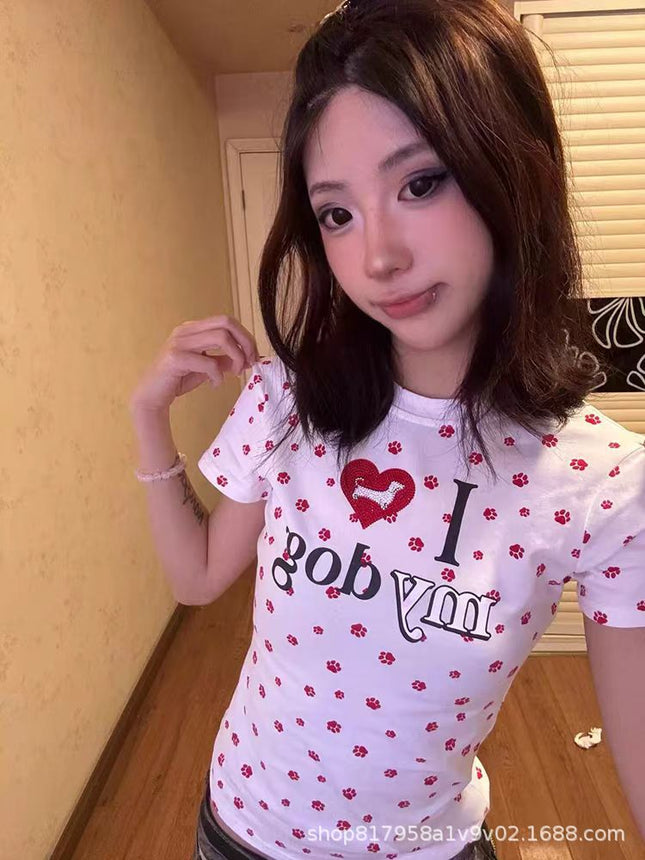 American Style Love Dog Claw Full Print Short Sleeve Shoulder T-shirt Women's Summer Design Hot Girl Slim-fit Slim-fit Short Top