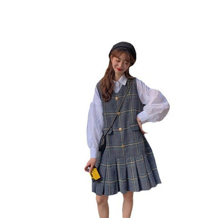 2024 suit Fall/Winter New Academic Style Plaid Design Sense Slim Age-reducing Pleated dress Top Shirt