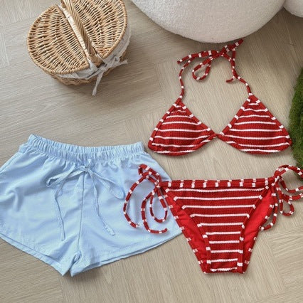 High-end Retro Striped Bikini Three-piece Set Sexy Split Flat Shorts Blue Beach Spa Vacation Swimsuit