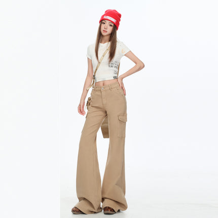 Raccoon House # Khaki New Stretch Work Jeans for Women, Low-Waisted, Leg-Free, Versatile, Slimming, Micro-Flared Pants for Women