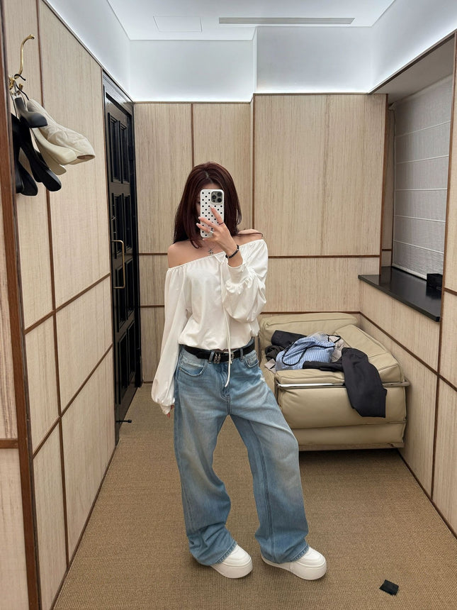 Sunoneoe American Retro Blue Loose Jeans Women's Summer New Casual Straight Pants for Small People