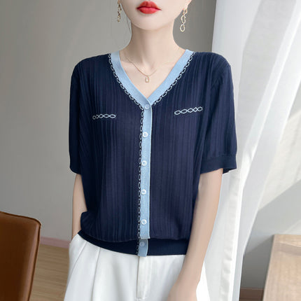 Tweed Style Contrasting Color Short-Sleeved T-Shirt Women's Niche Thin V Neck Half-Sleeved 2025 Summer New Knitted Women's Top