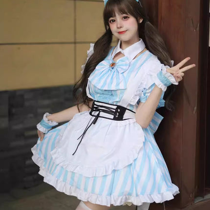 Cross-Border New Product Japanese Style Autumn Leaf Sweet Stripesd Maid Outfit Cosplay Lolita Plus Size Maid