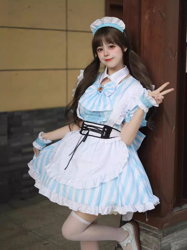 Cross-Border New Product Japanese Style Autumn Leaf Sweet Stripesd Maid Outfit Cosplay Lolita Plus Size Maid