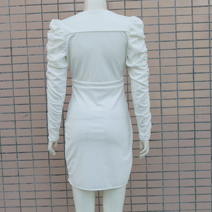 European and American Cross-Border New Autumn and Winter Pure Color Long-Sleeved Deep V Neck Slim Hip-Hugging Dress for Women