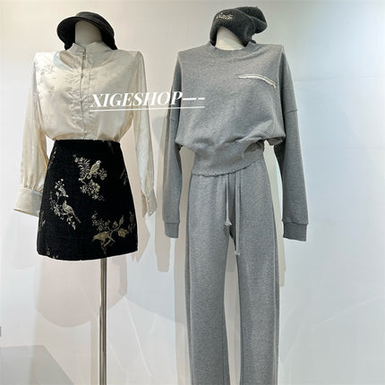 Gray ripped zipper pocket round neck sweater loose curved knife wide leg sports pants trousers casual fashion suit spring