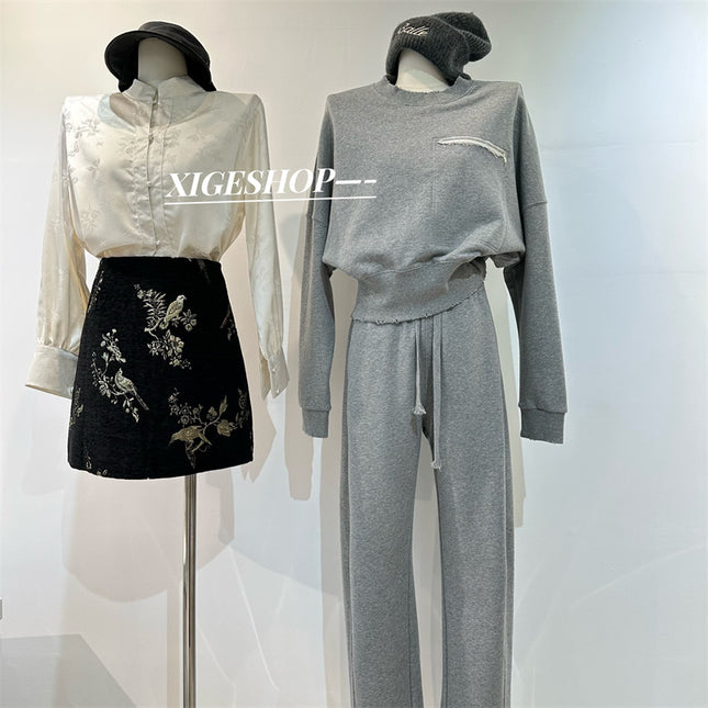 Gray ripped zipper pocket round neck sweater loose curved knife wide leg sports pants trousers casual fashion suit spring