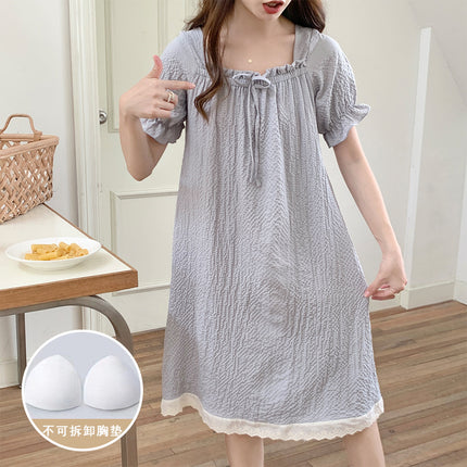 2024 Summer New Style Pajamas with Chest Pad Women's Bubble Cotton Short-Sleeved Nightgown Home Wear Sweet and Cute Outer Wear