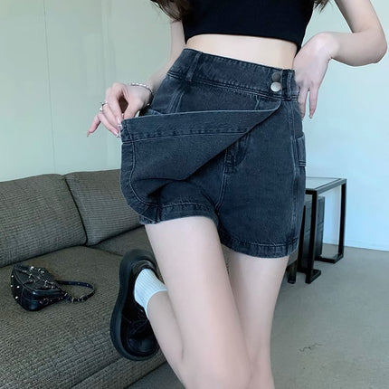Plus Size Fat mm High Waist Asymmetrical Denim Shorts Women's Spring New Pear-Shaped Figure Design A-Line Skirt Pants