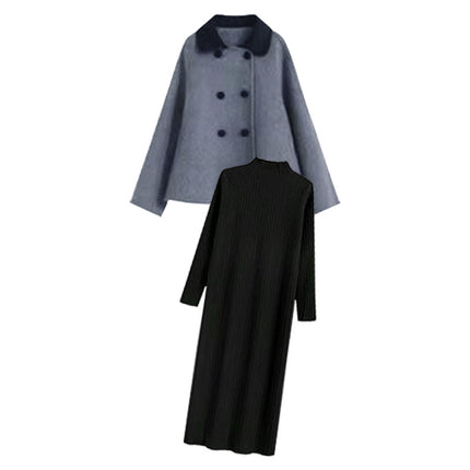 plus size chubby girl autumn and winter women's French Hepburn wind woolen cloth coat knitted sweater dress two-piece suit 200kg