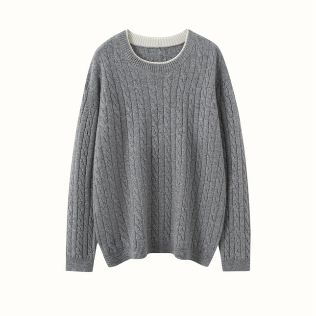 New Round Neck Twist Thick Cashmere Knitwear Women's Pullover Cable Knitwear Simple Casual Loose Knitwear Bottoming Shirt