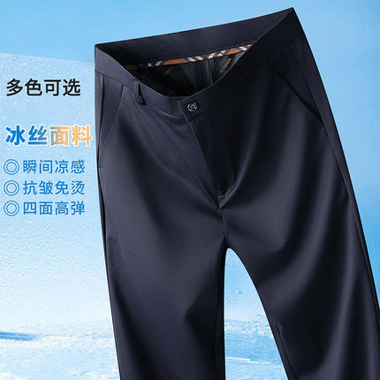 Ice Silk Light Luxury Suit Pants Men's Autum Thin 2024 New Loose Straight Business Elastic Men's Casual Pants