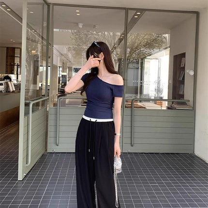 Pure Desire Off-Shoulder Short Sleeve T-Shirt for Women, Summer Short Crop Top, Slim Fit, Stretchy, Versatile
