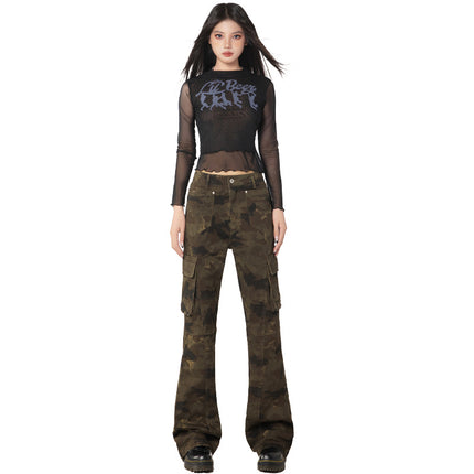 raccoon dog house# high street washed old multi-pocket camouflage Denim overalls for men and women with the same style tide brand loose straight pants