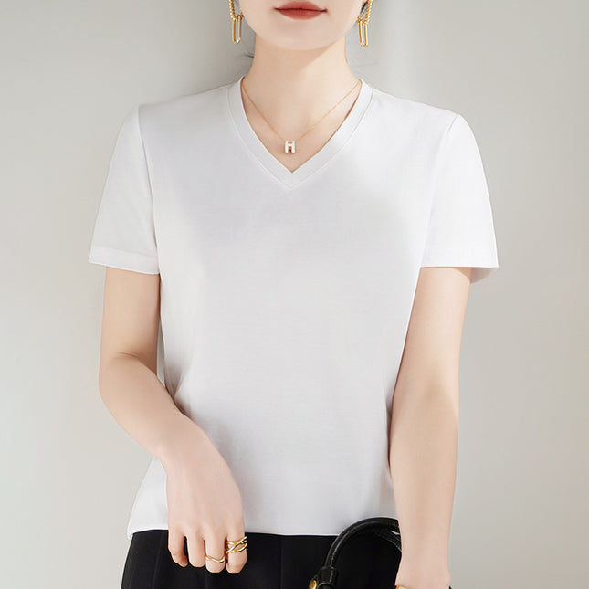 100 mercerized cotton short-sleeved T-shirt women's 2025 summer new V-neck cotton pullover vest cool feeling ice silk base