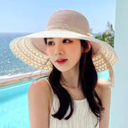 Large bucket hat with three circles of lace - pink / M（56-58cm）