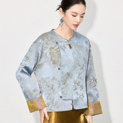 【Zhihetang】2026 Spring New Style Chinese-Style Jacket for Women, High-End Retro Jacquard Long-Sleeve National Style Top