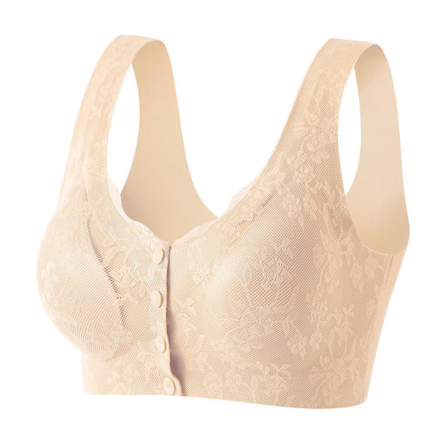 Mom's Underwear Front Opening and Buckle-free Bra Non-steel Ring Gathering Middle-aged and Elderly Women's plus size Lace Bra Thin