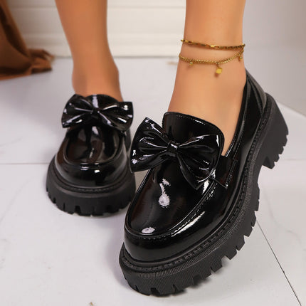 Foreign Trade Cross-Border Large Size 35-42 Loafers for Women Niche Bow Thick-Soled Small Leather Shoes for Women Retro Flats for Women